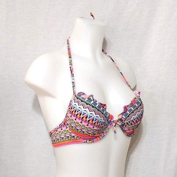 Victoria's Secret Tribal Print Ruffled Halter Padded Bra Bikini Swimsuit Top 34A - Picture 2 of 6